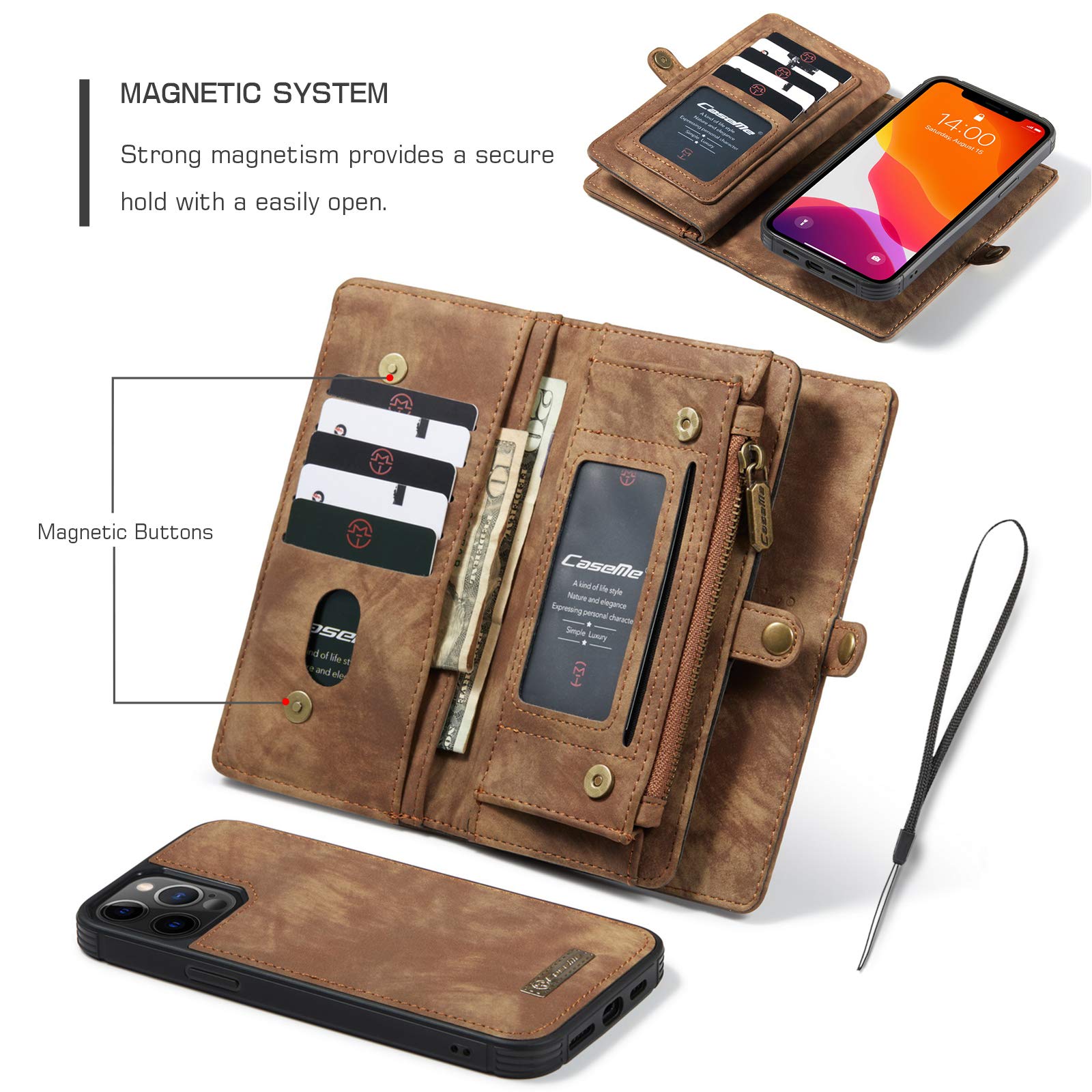 CaseMe Custodia Portafoglio In Pelle Per IPhone 12/12 Pro - Flip Cover Con Slot Carte, Cerniera E Chiusura Magnetica, Blu - 3