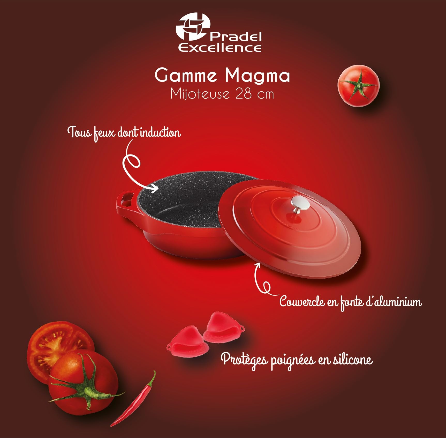 Pradel Excellence - PCUI003005 - Mijoteuse Ø28 cm avec Couvercle - Gamme Magma - Fonte d'Aluminium - Revêtement Antiadhésif façon Pierre - Maniques incluses - Tous Feux, Four, Lave-Vaisselle