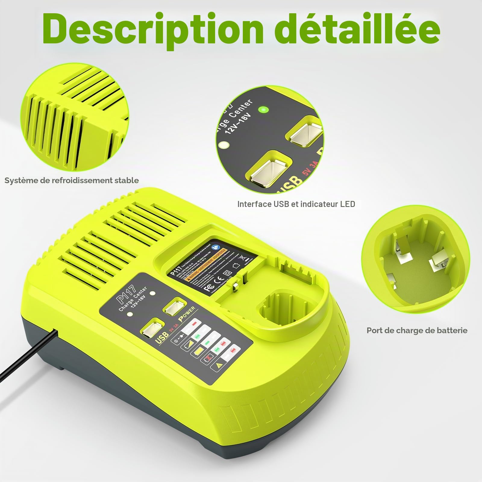 LabTEC P103 Batterie de Rechange 18V 3Ah pour Ryobi BPL1815 P102 P104 P105 P106 avec P117 Chargeur de Port USB Remplacement pour RYOBI 12V-18V One Plus Series, Kit Chargeur USB pour Ryobi P107