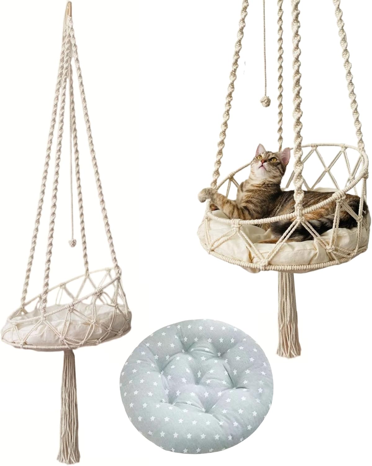 Hanging Cat Bed|Cat Hammock Hanging Cat Bed with 15.8'' Cushion Boho Macrame Hammock Cat Swing Bed Hanging Cat Wall Hammock Decor for Pet Sleeping, Playing, Climbing and Lounging