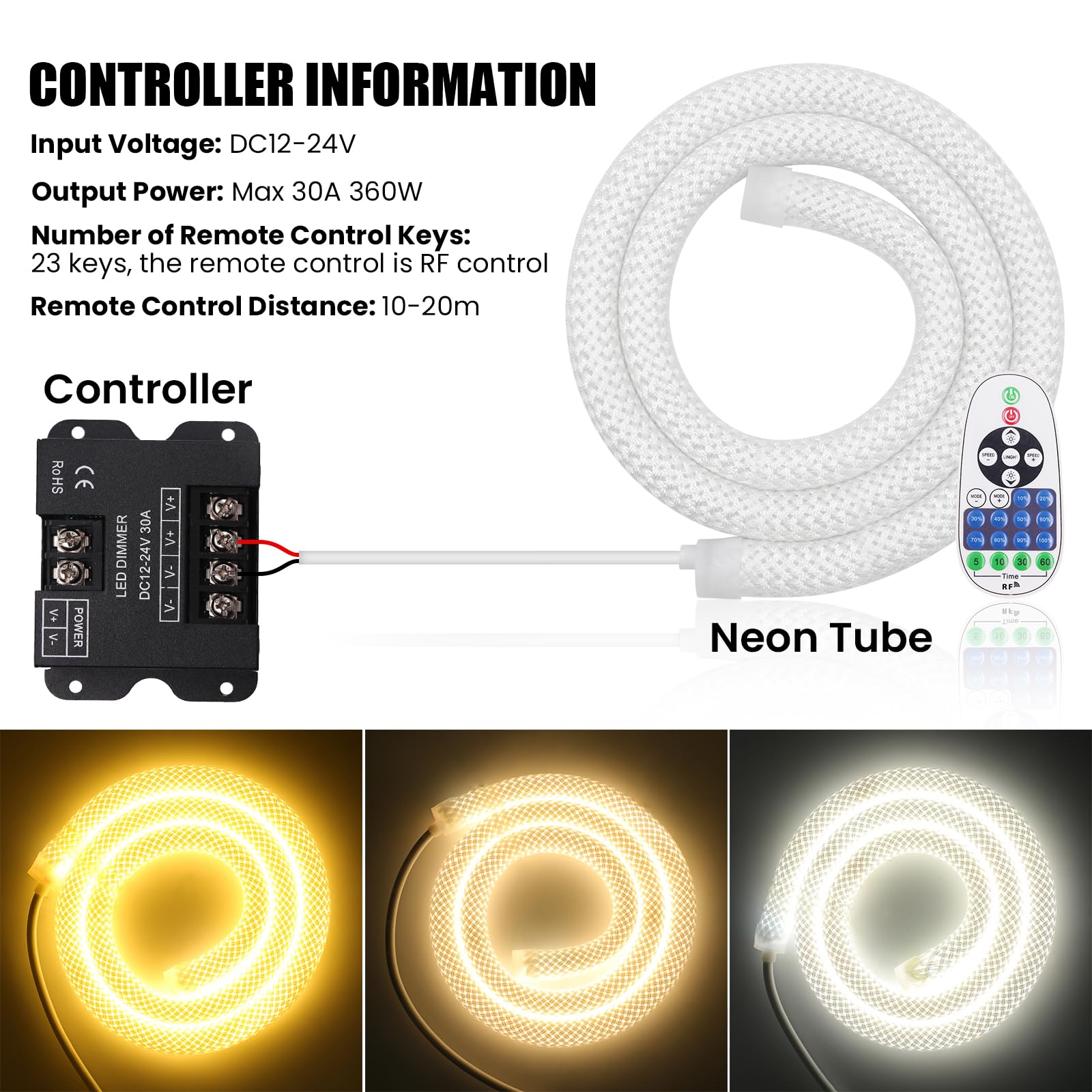 Dimmbare Neon LED Streifen 4M, 360° Rundes Maschenrohr Neon Band, SMD2835 240LEDs/m Warmweiß IP67 Wasserdichtes Schlauch Lichtband mit 24V 3A Adapter für Weihnachten, Innen/Außen Deko