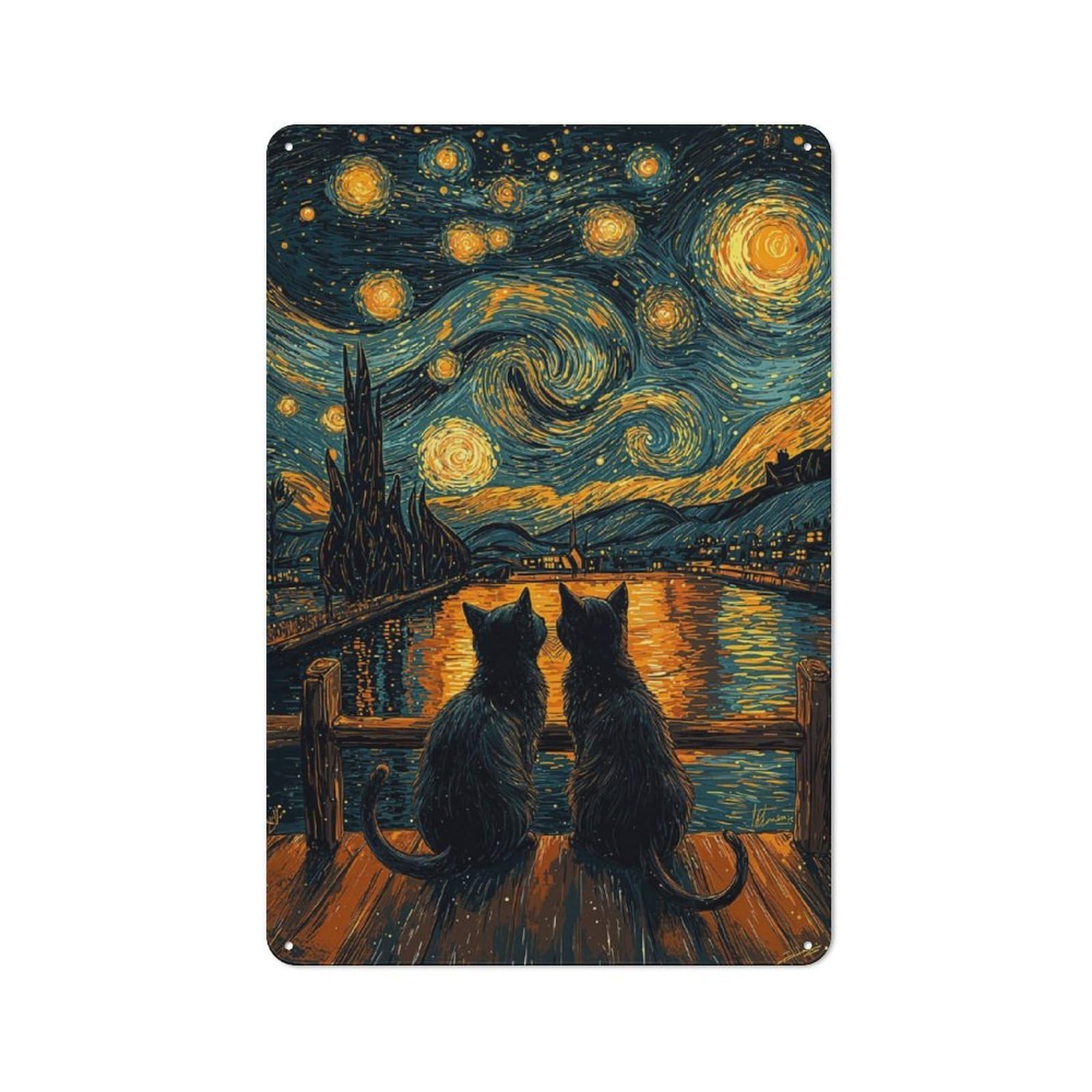 Junmoney Starry Night Cats Tin Wall Plaque 30X20cm, Rustic Cottage Wall Art For Dining Room, Cafe, Entryway Or Family Room