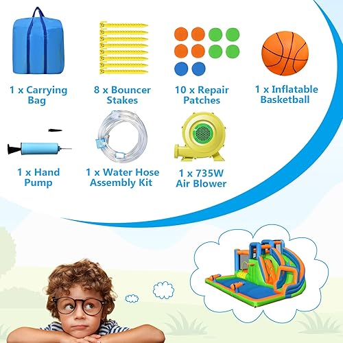Vista 41 de BOUNTECH Castillo inflable para tobogán acuático, castillo de salto de parque acuático 6 en 1 para niños con 2 piscinas de salpicaduras, anillo