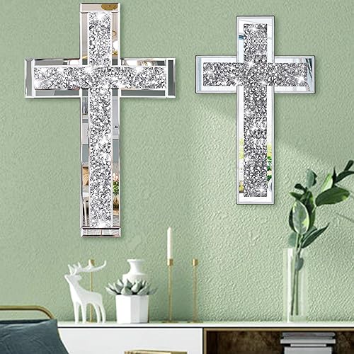 Miniatura 6 de Uaussi Cruz de cristal con espejo de diamante triturado, cruz de cristal para mesa de pared, 15.7 x 10 pulgadas, decoración decorativa del hogar,