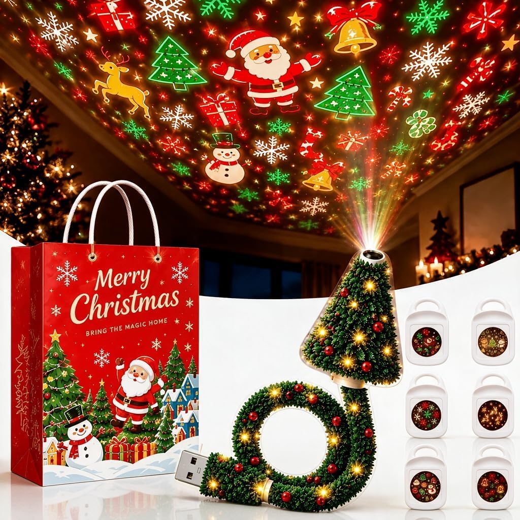 Christmas USB Projector Light, 3D Plug and Play HD Christmas Projector Indoor Holiday Projection Lamp for Wall and Ceiling with 6 Festive Scenes for Bedroom Living Room Holiday Party Xmas Decor Gift
