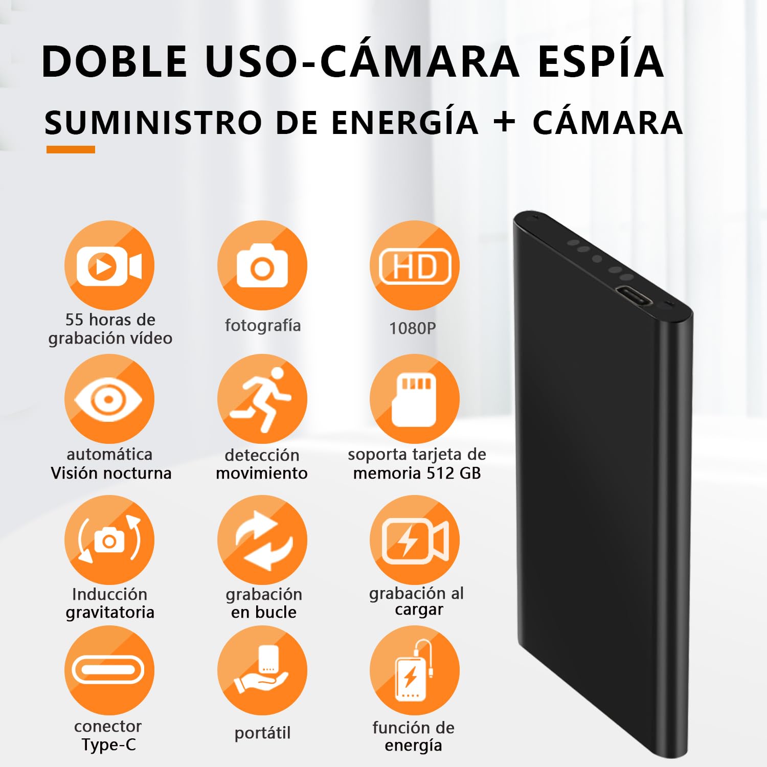 Mini Camara Cámara Espía Oculta Cámara - 1080P 55 Horas 10000mah Cargadores portátiles Cámara - detección Movimiento,Sensor de Gravedad,visión Nocturna,Grabación cíclica,sin función WiFi