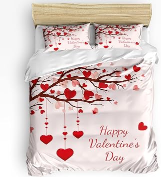 Valentine Comforter Sets California King Size Happy Valentines Day Soft Bedding Duvet Cover Sets 3 Pieces Love Heart Tree Branch Bedding Set with Comforter Cover and 2 Pillow Cases Bedroom Decor