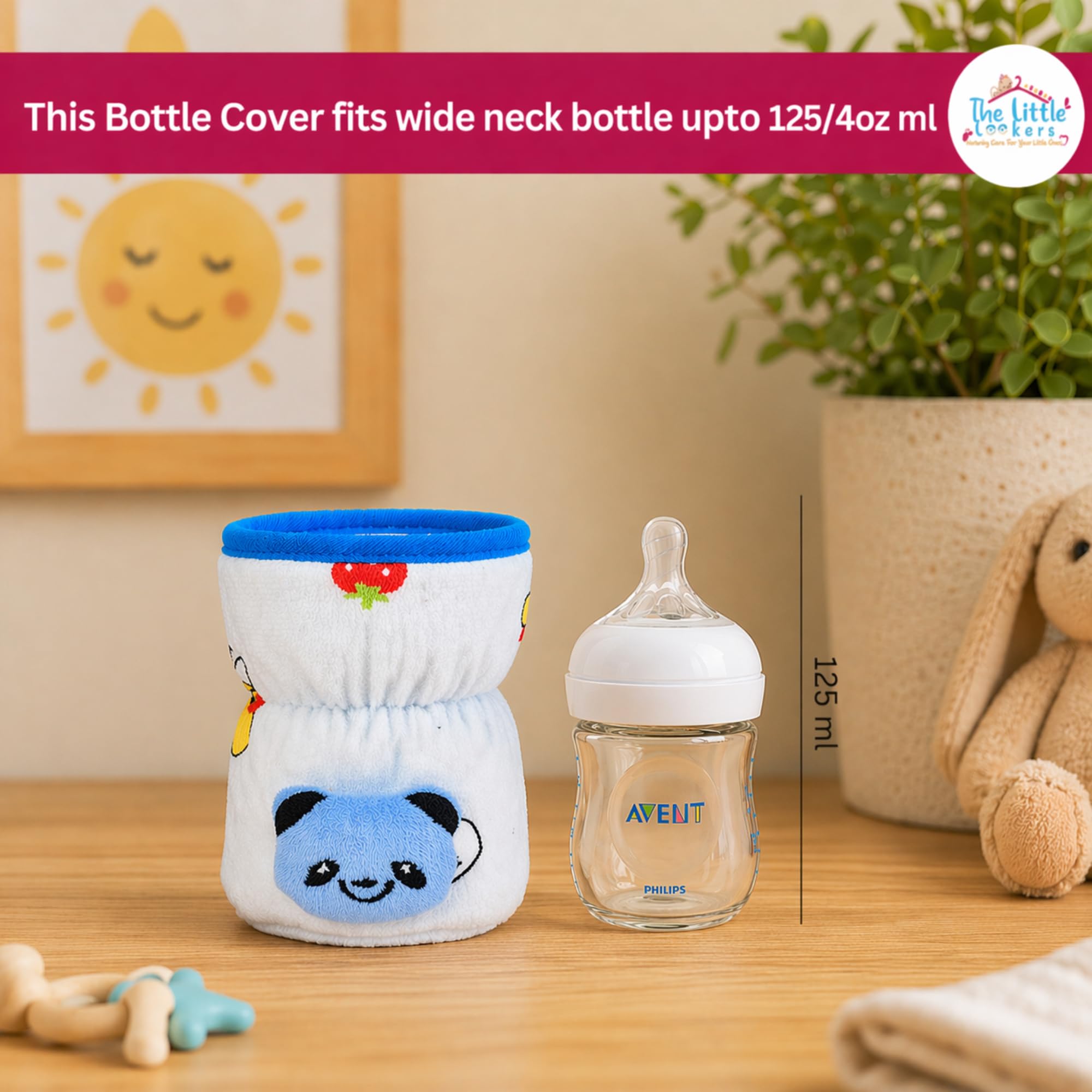 THE LITTLE LOOKERS Soft Plush Stretchable Baby Feeding Bottle Cover with Easy to Hold Strap | Cute Animated Overall Print Pack of 2 (Pink & Blue, Wide Neck 125ml/4oz) Cartoon Print May Very 4