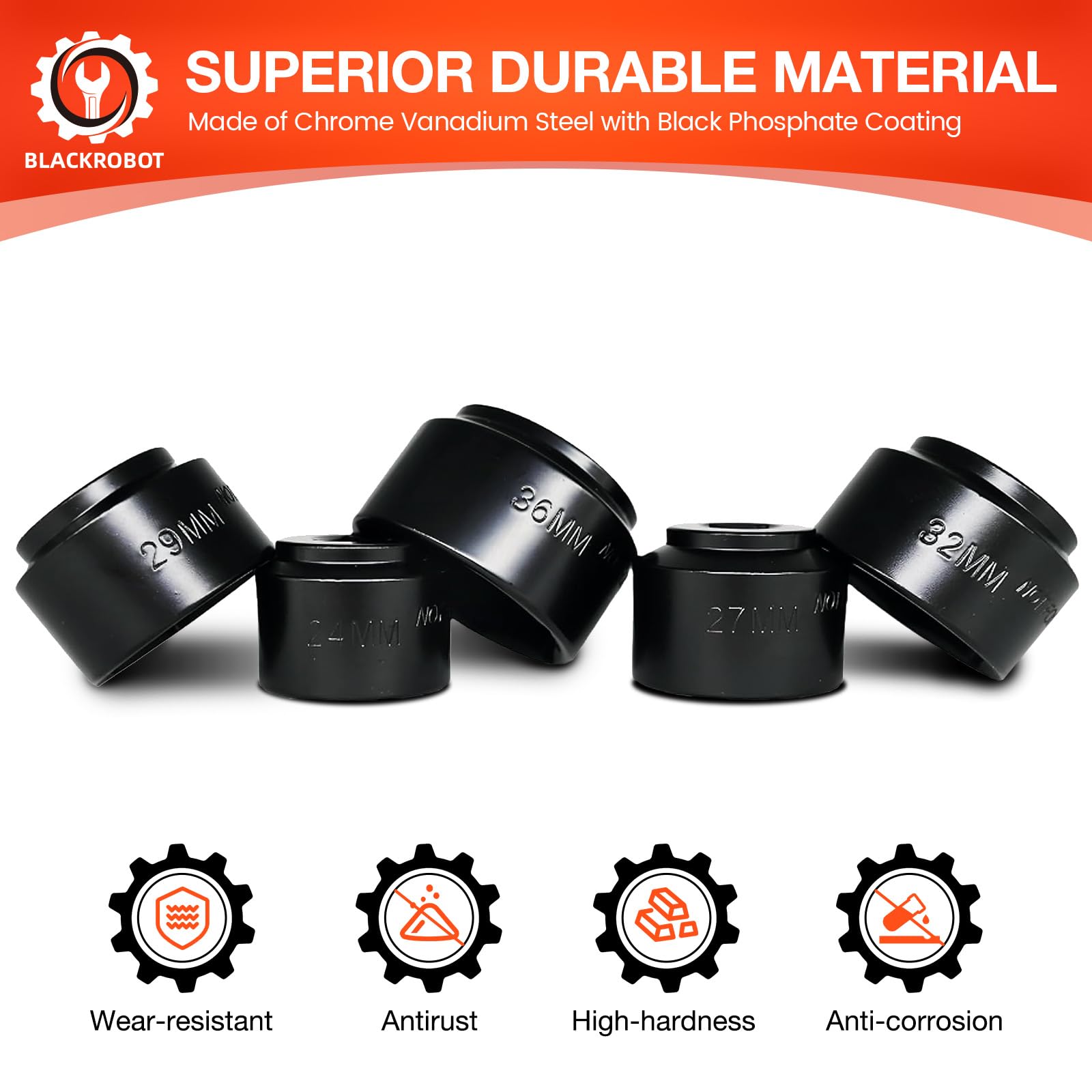 BLACKROBOT Juego de 5 llaves de vaso de filtro de aceite de perfil bajo de 3/8 pulgadas, tamaño métrico de 24 mm, 27 mm, 29 mm, 32 mm, 36 mm, acero al cromo vanadio, diseño de 6 puntos, removedor de