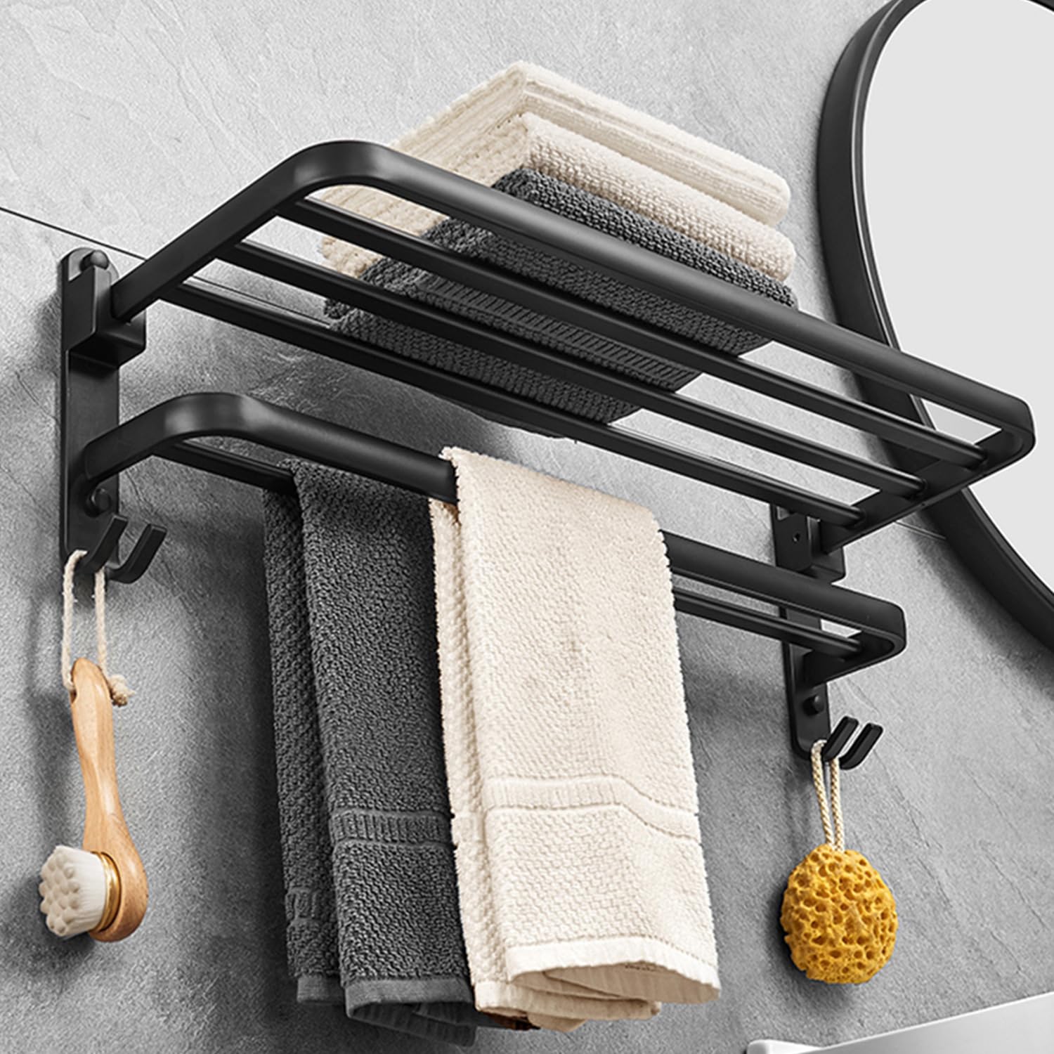 Badkamer Handdoekhouder Dubbele Stang Muur Gemonteerd Grijs Handdoekhouder Met 2 Stangen Aan De Muur - Aluminium Badkamer Handdoekrek, Grijs, 60 Cm Zelfklevend Installatie Geen Boren