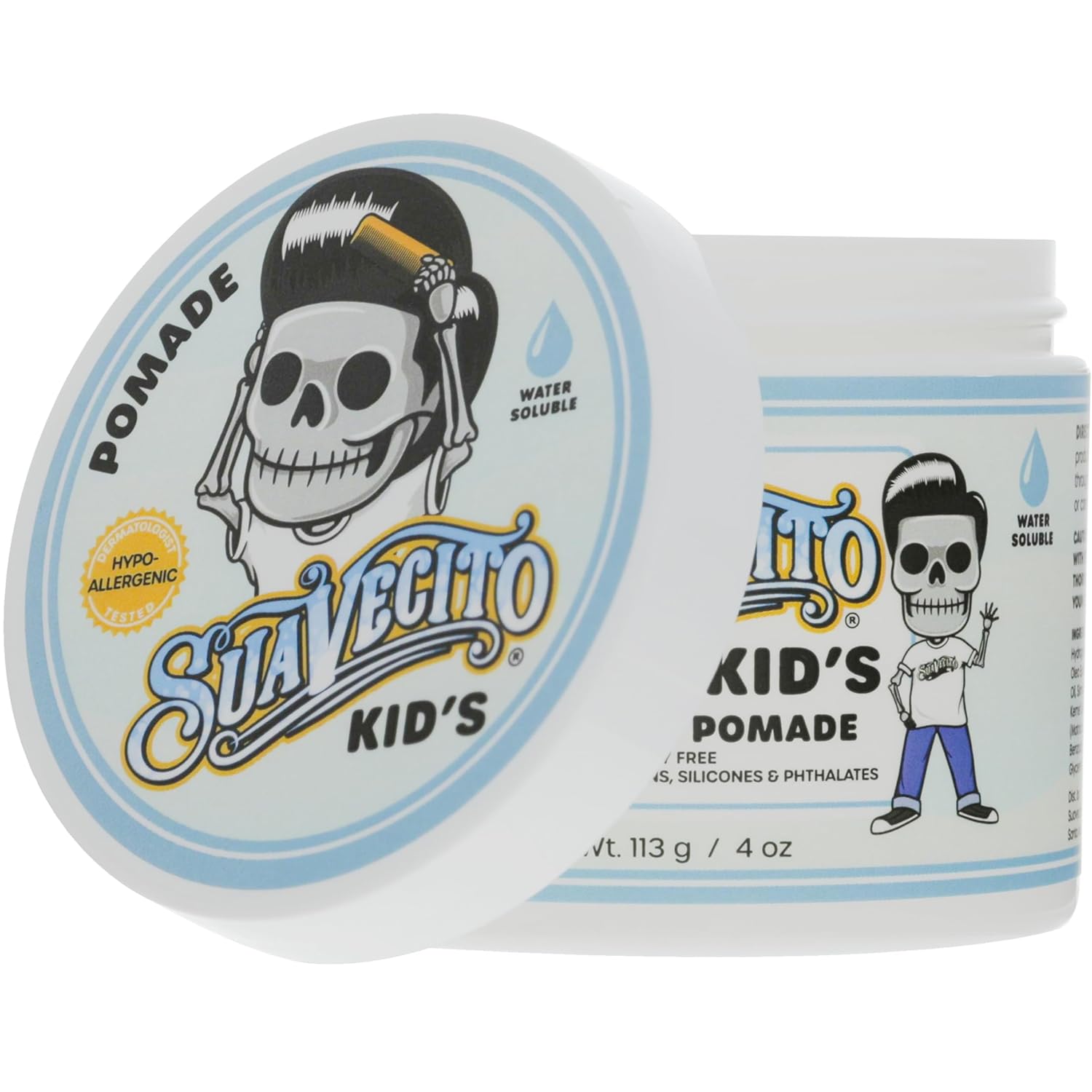 Suavecito Kid's Pomade Calming Chamomile Scent Light Hold 4 oz. - Water Based Flake Free Hair Gel - Dermatologist-Tested, Hypoallergenic Formula - Free of Sulfates, Parabens, and Phthalates - Image 8