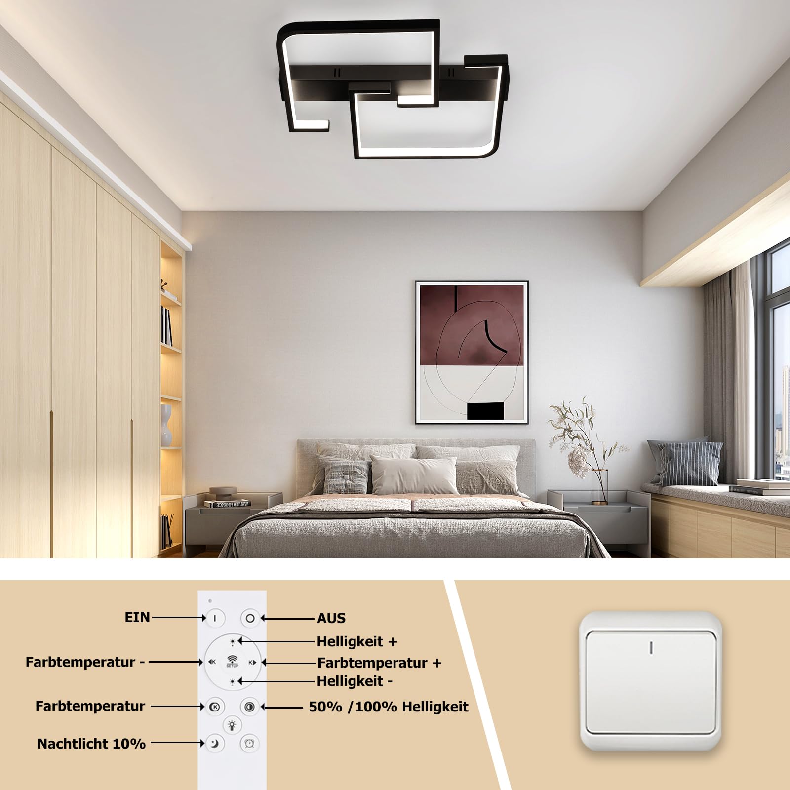 CBJKTX Plafonnier LED dimmable avec télécommande noir pour salon 45W 60CM,