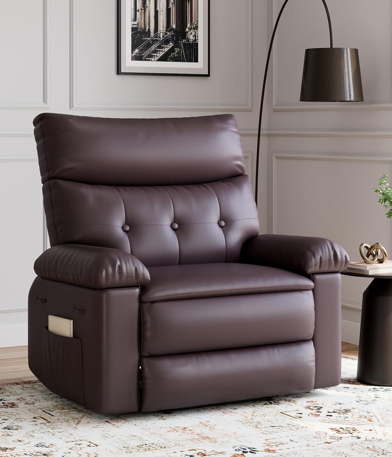 Oversized Extra Wide Manual Recliner Chair, PU Leather Comfortable Reclining Chair with Overstuffed Arms & Back, Side Pocket, Single Sofa for Living Room Bedroom Home Office,Coffee
