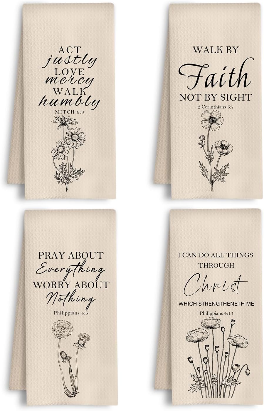 Neutral Christian Floral Kitchen Towels, Bible Verse Decor Dish Tea Towels, I Can Do All Things Through Christ Scripture Decorative Hand Towel for Bathroom Kitchen, 16x24 Inch Set of 4