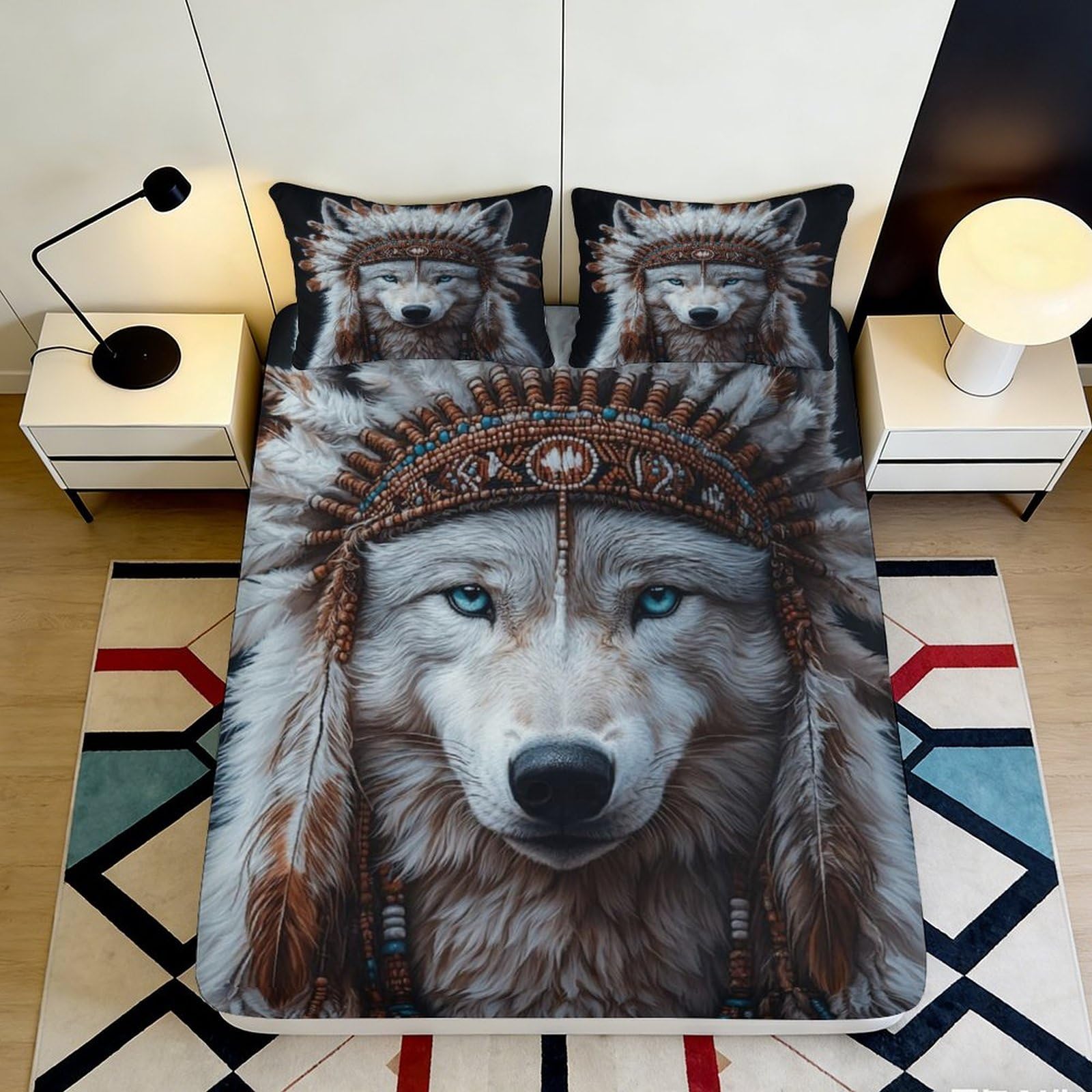 3D Printed Wolf Headdress Fitted Sheet Microfiber Soft Slip-Resistant Native Pattern Bed Cover for Bedroom Dorm Decor 90x200x25cm