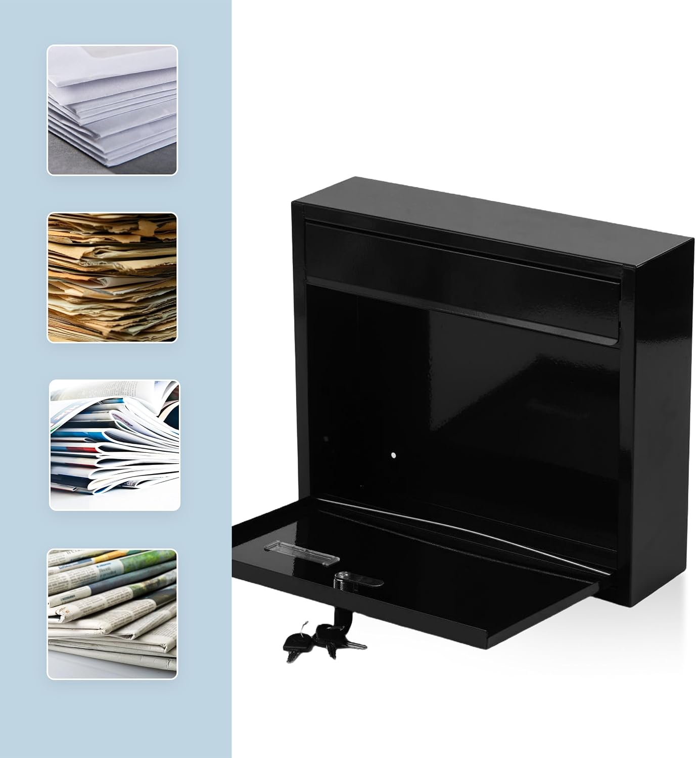 Relaxdays letterbox with nameplate, 4 Keys, Horizontal, Dimensions HxWxD: 31 x 36 x 10 cm, Metal, Black