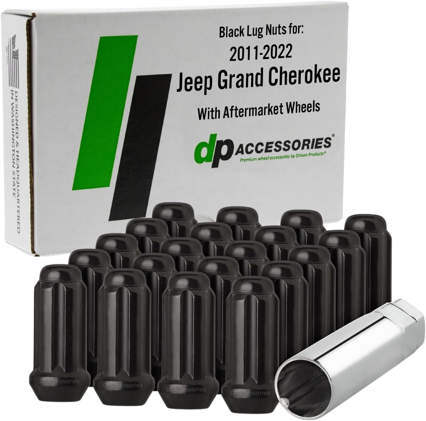 DPAccessories Lug Nuts Compatible with 2011-2022 Jeep Grand Cherokee | Black Spline Style | Aftermarket Aluminum Wheels Only | Set of 20 Wheel Nuts & 1 Tool | DGCH04A-BK/1
