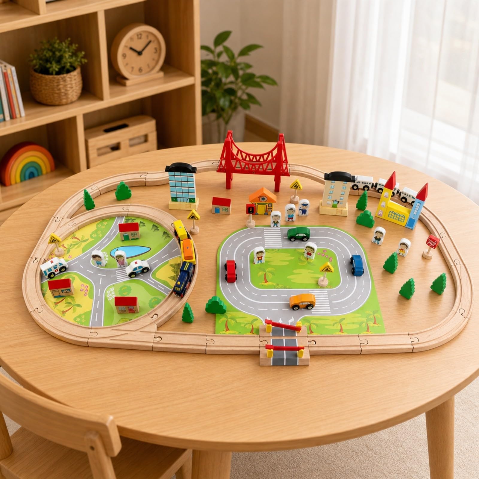 predolo Jeu Train Miniature Coloré Assemblage Facile, Circuit Train en Bois, Circuit Bâtiments, pour Chambre d'enfant, Enfants