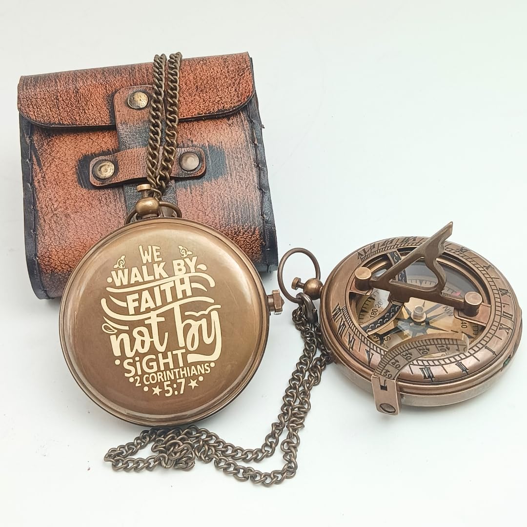 Behinde You Engraved Sundial Compass with Leather case. We Walk by Faith Not by Sight Corinthians 5:7 Compass. Personalized Brass Pocket Compass Gifts for Men, Him, Son (WE Walk by Sight)
