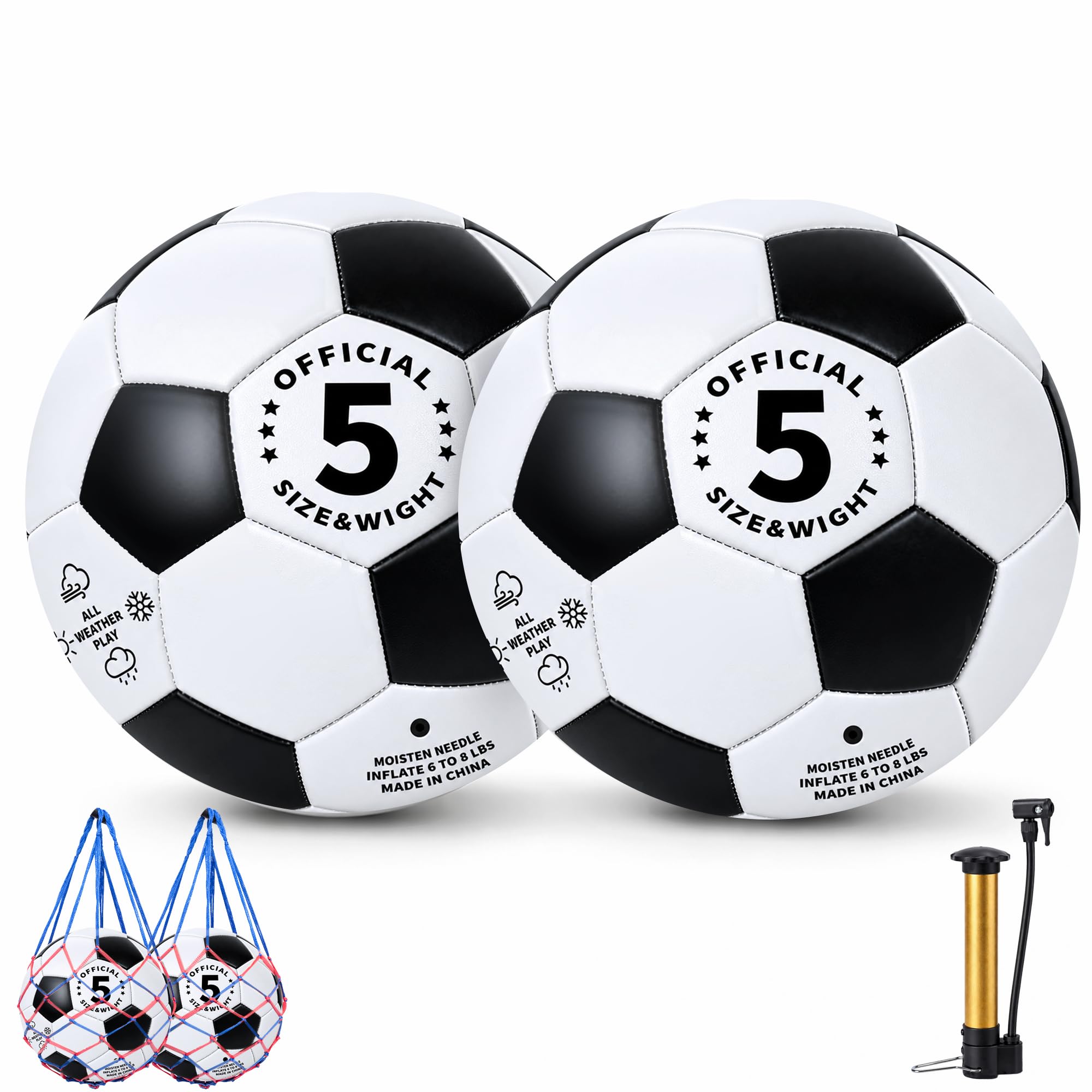 Fußball Größe 5–2 Stück, Schwarz und Weiß, klassische Fußballbälle mit 2 Netztaschen und Pumpe, offizielle Größe 5, Fußball-Set für Jugendliche und Erwachsene, strapazierfähiger PVC-Trainingsball für