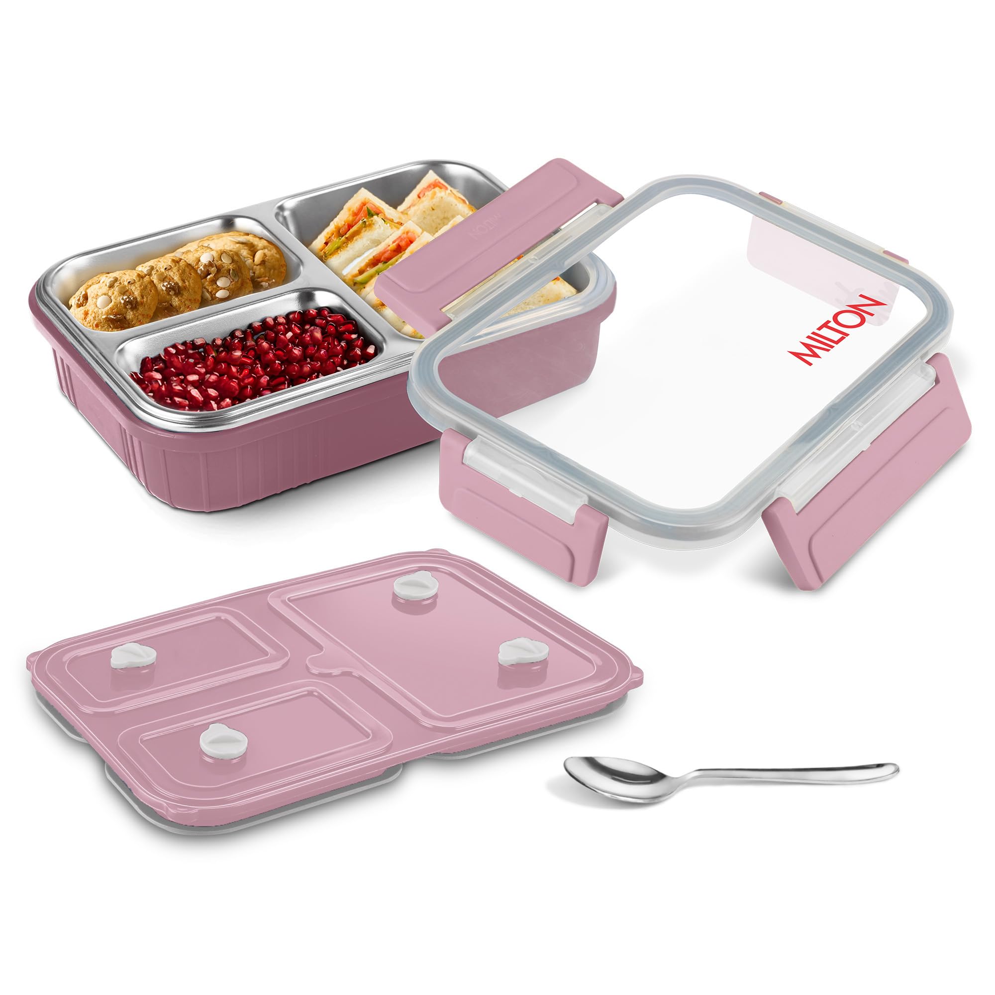 MILTON Meal Safe 3 Inner Stainless Steel Tiffin Box for School with Steam Release Plug | PU Insulated, Leak-Proof, Food Grade I Lunch Box for Kids Boys, Girls with Snap Lock Lid, 630 ml, Pink