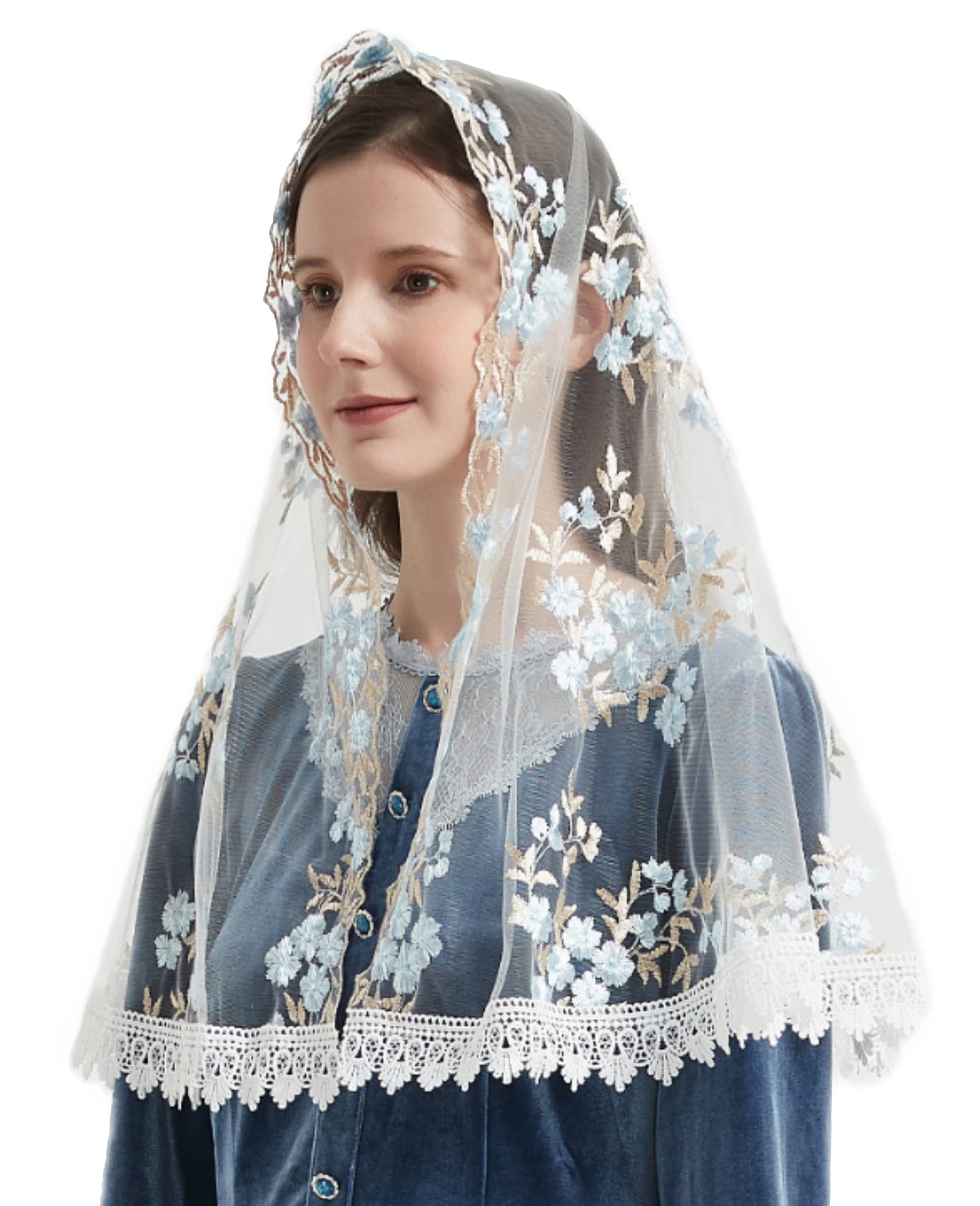 YuRongsxt Chapel Veils Catholic Mass Multicolored Embroidered Cherry Blossom Style Church Veil M8, Marian Blue+pale Gold, One Size