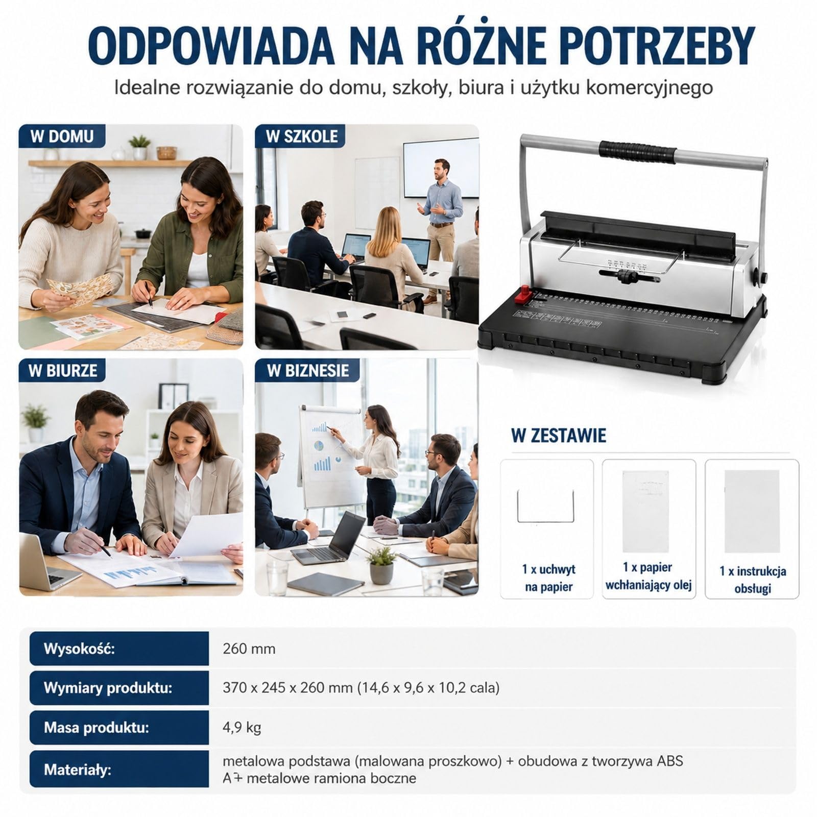 Ręczna bindownica spiralna, 34 otwory, dziurkowanie 120 arkuszy, regulowany grzbiet i margines do Letter, A4, A5
