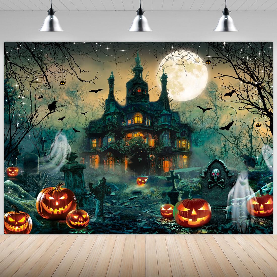 Orange Halloween-Fotohintergrund, 3x2,4 M – Gruselhaus, Friedhof, Geister & Kürbisse Für Party-Deko & Foto-Shootings