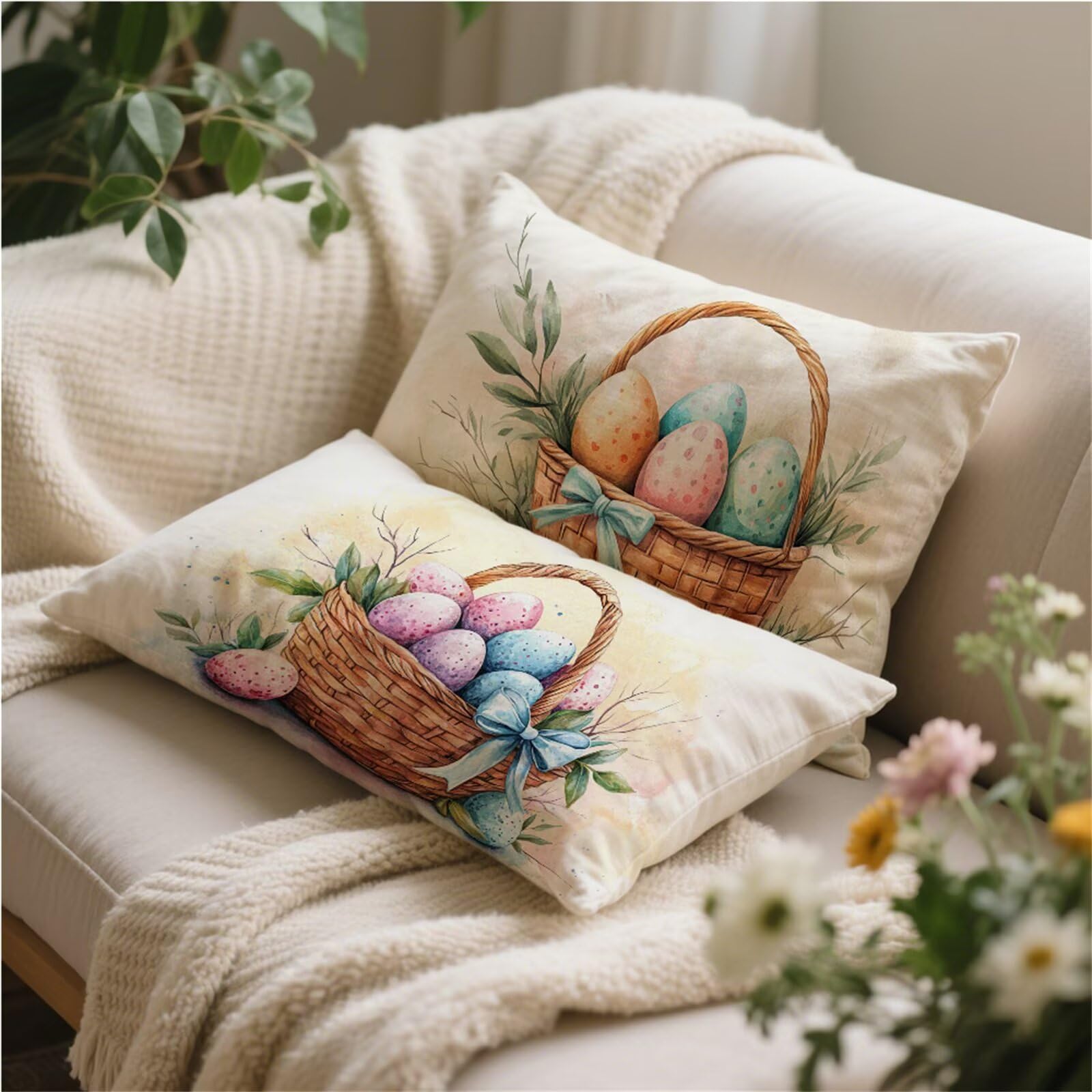 Poszewka na poduszkę 70 x 90 cm Beżowy zestaw 2 poszewek na poduszki zewnętrzne Pisanki Dekoracyjne poduszki Dwustronny nadruk Aksamit Ochraniacz na łóżko Sofa Salon Ogród y-369