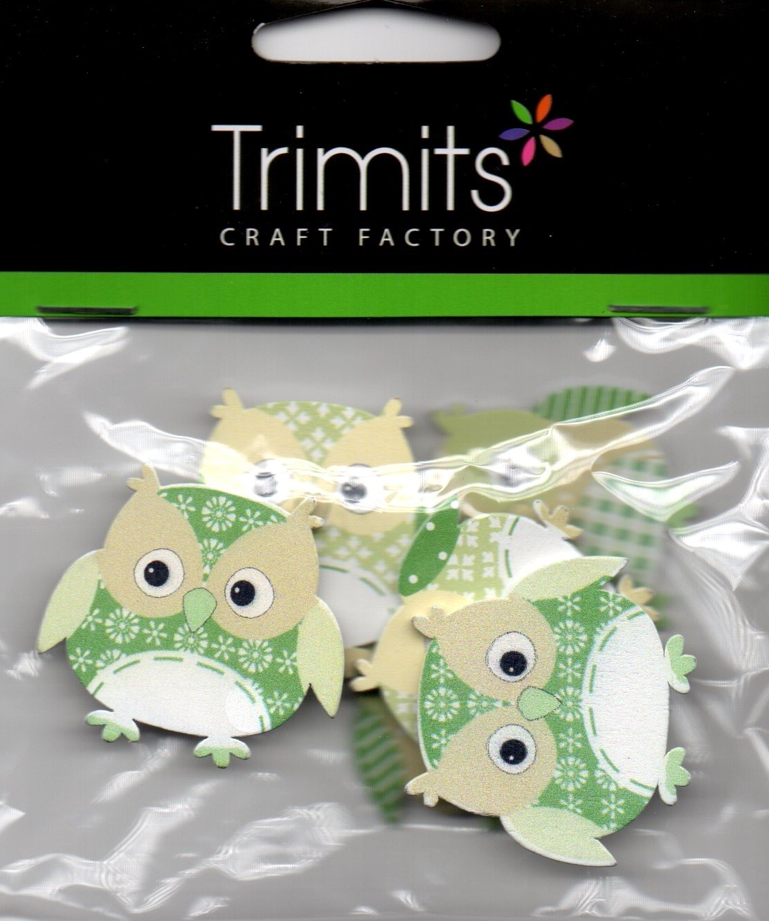 6 x GREEN WOODEN OWLS BY TRIMITS SELF ADHESIVE EMBELLISHMENTS 2294