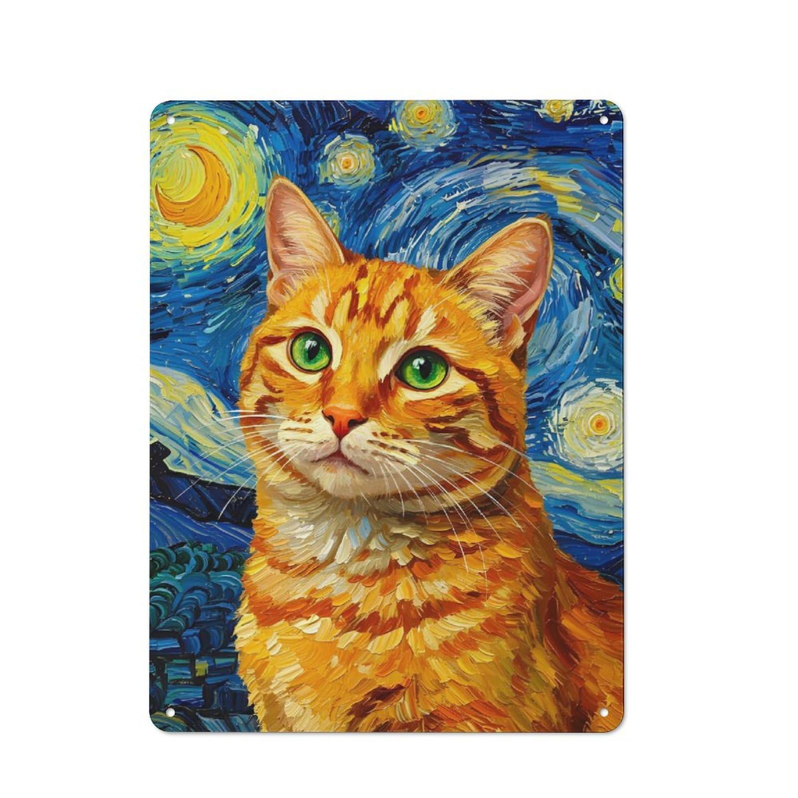 Junmoney Cat In Starry Night Style Vintage Cafe Metal Sign 40X30cm Featuring Bistro Wall Plaque For Cafe, Bistro, Bakery Or Restaurant