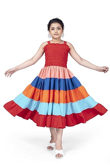 Fashion Dream Girl?s Rainbow Stripe Printex Knee Length Frock/Dress
