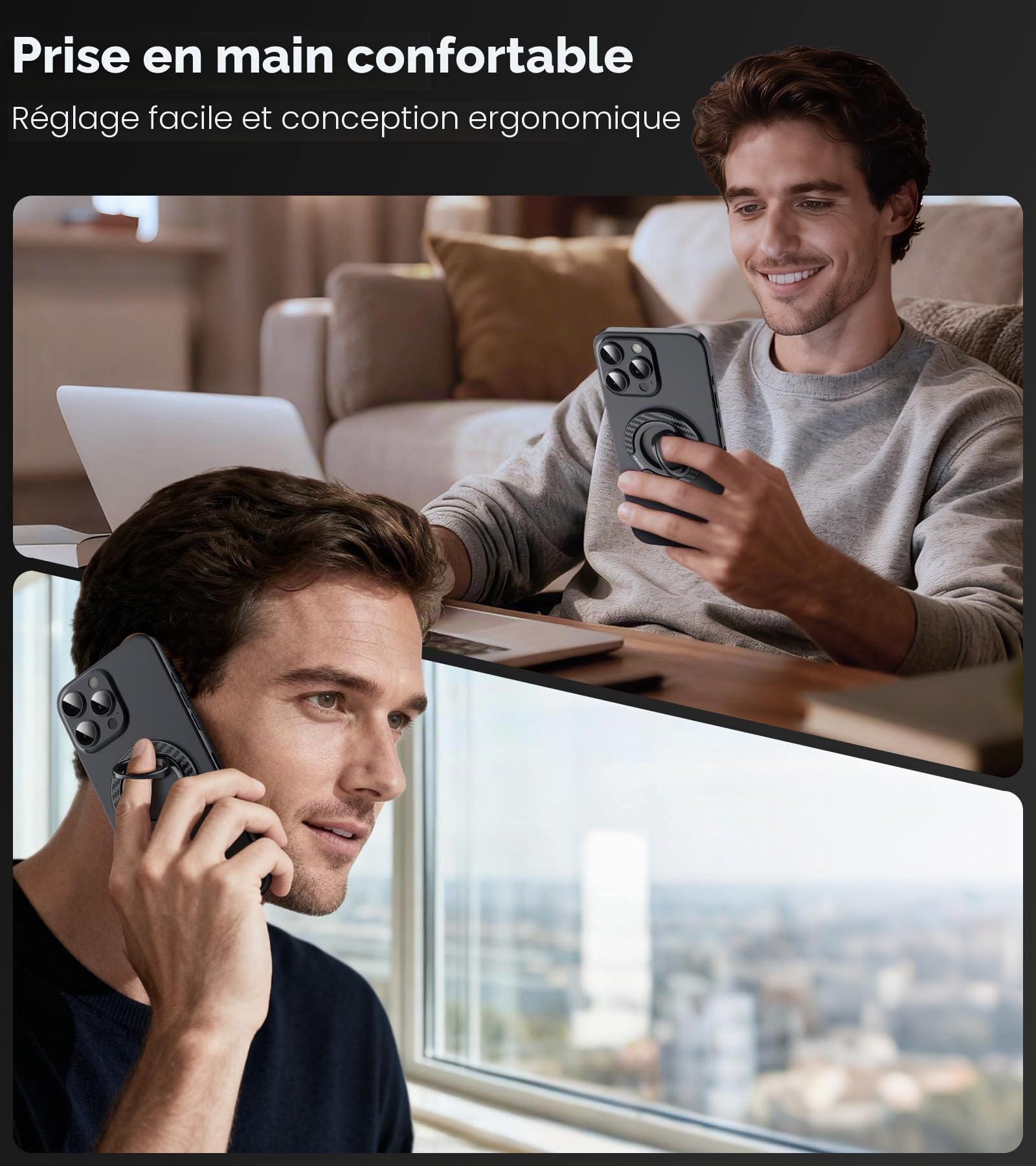Nillkin Support Anneau Smartphone en Fibre d’Aramide – Magnétique Double Face & MagSafe, Rotation 360° avec Double Axe, Support & Grip pour iPhone/Samsung/Pixel, Accessoires MagSafe – Noir
