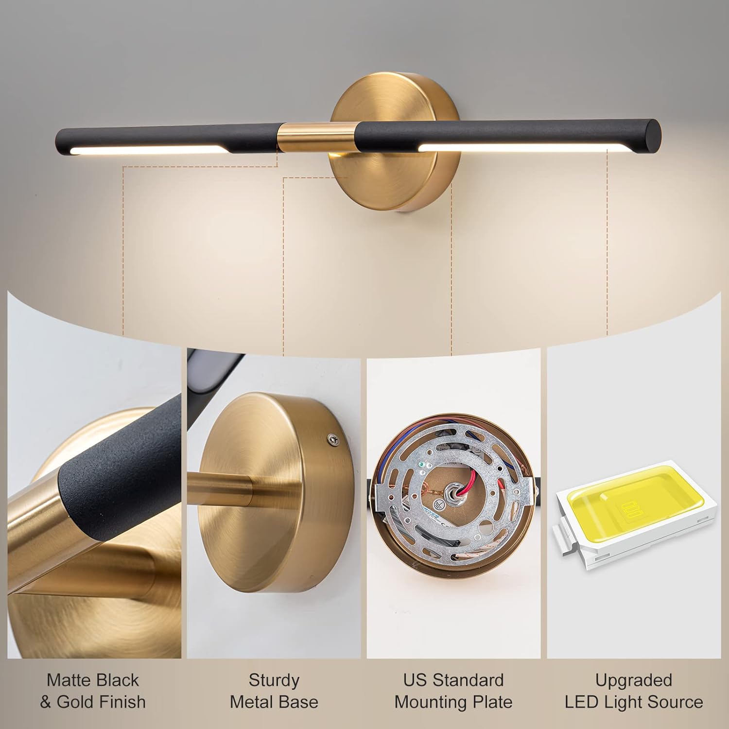 Modern Bathroom Light Fixtures Over Mirror 24 Inch, 18W 360° Rotatable Dimmable 4000K Led Vanity Light Bar, Black and Gold Bathroom Vanity Lights Above Mirror, Led Bathroom Lighting