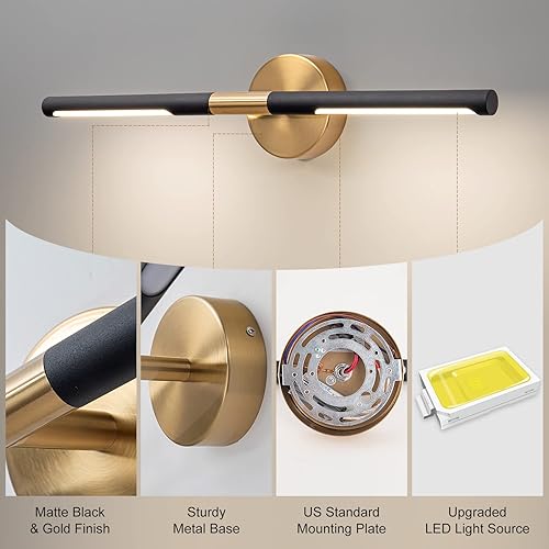 Miniatura 5 de LINSEEDS Moderna lámpara de baño sobre espejo de 24 pulgadas, 18 W, 360, giratoria, regulable, 4000 K, luces LED de tocador de baño negras y doradas