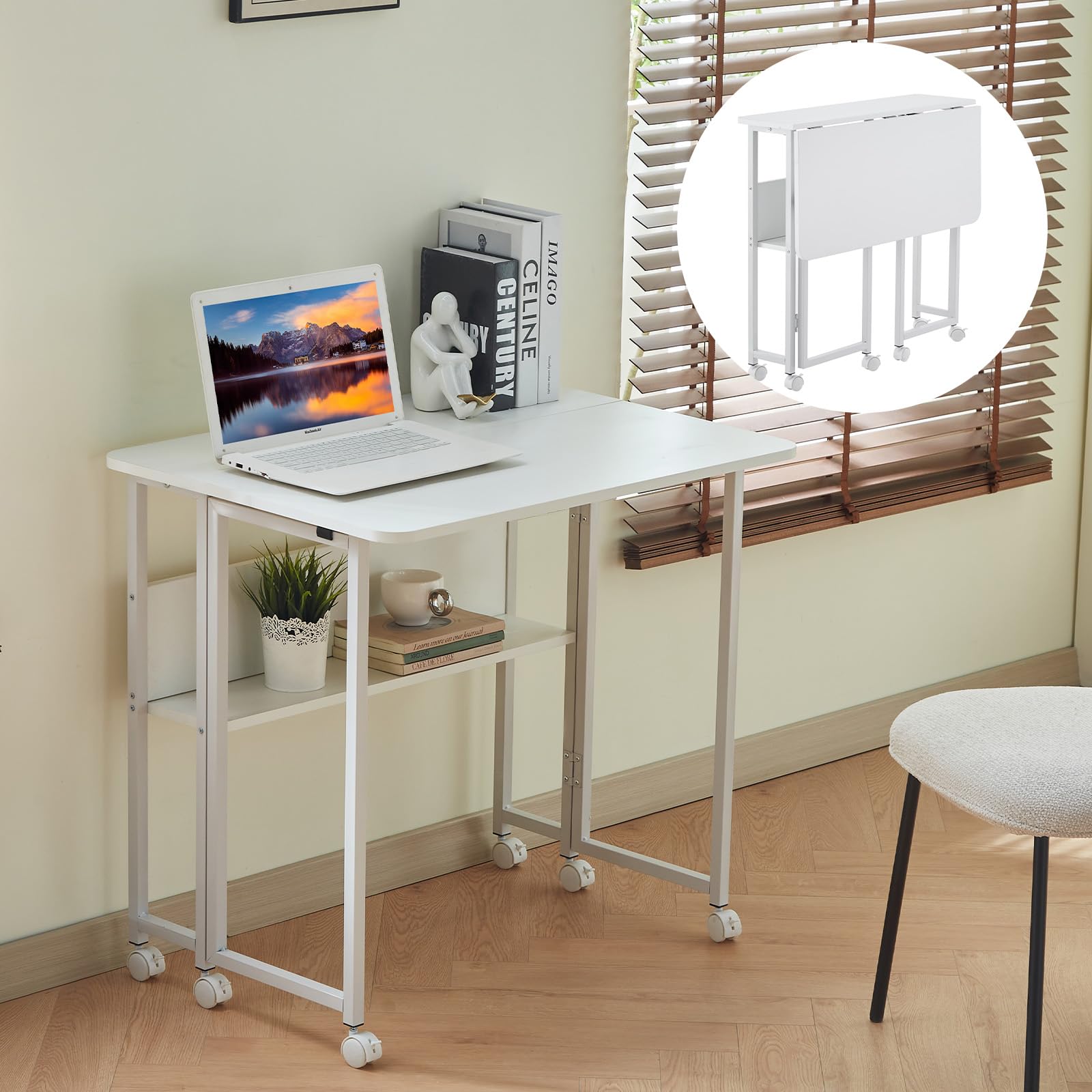 Folding Small Standing Desk with Wheels Mobile Portable Rolling Laptop PC Table Small Space for Home Office Foldable
