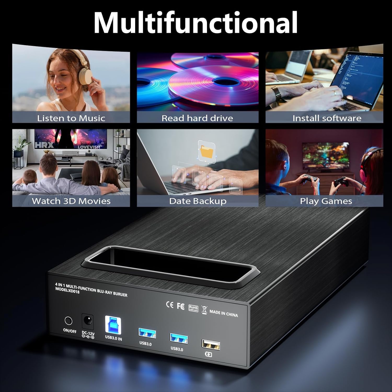 Yaeonku Externes 4-in-1-Blu-Ray-Laufwerk, 16 x USB 3.0 und Typ-C externes Blu-Ray-Laufwerk, multifunktionales Schnellladegerät, Desktop-BD/CD/DVD-Brenner/Lesen mit HDD-Gehäuse