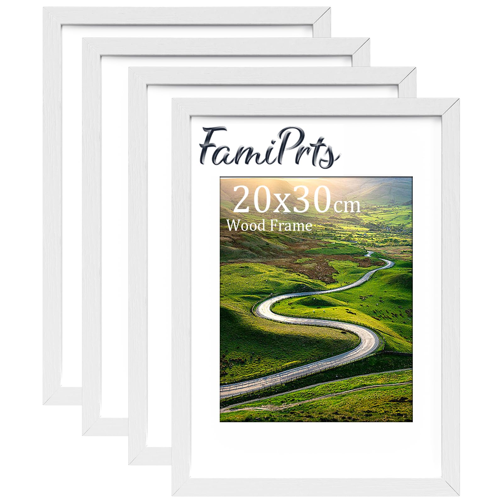 FamiPrts 4Pack 20x30cm Picture Frame, Wooden 20 by 30 cm Frames, Versatile White Frame, Dual Orientation (Landscape/Portrait), Includes Wall Hooks - Wall Mount and Desktop for Home, Office, Gallery