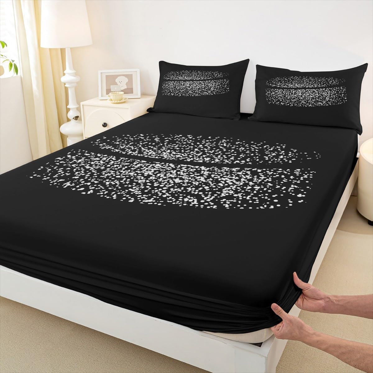 Ice Hoceky Fitted Sheet Full Size Sports Gaming Bedding Set Black White Sheet Set,Abstract Hoceky Bed Cover Ultra Soft Breathable Bedding 3 Pcs for Kids Teens Boys