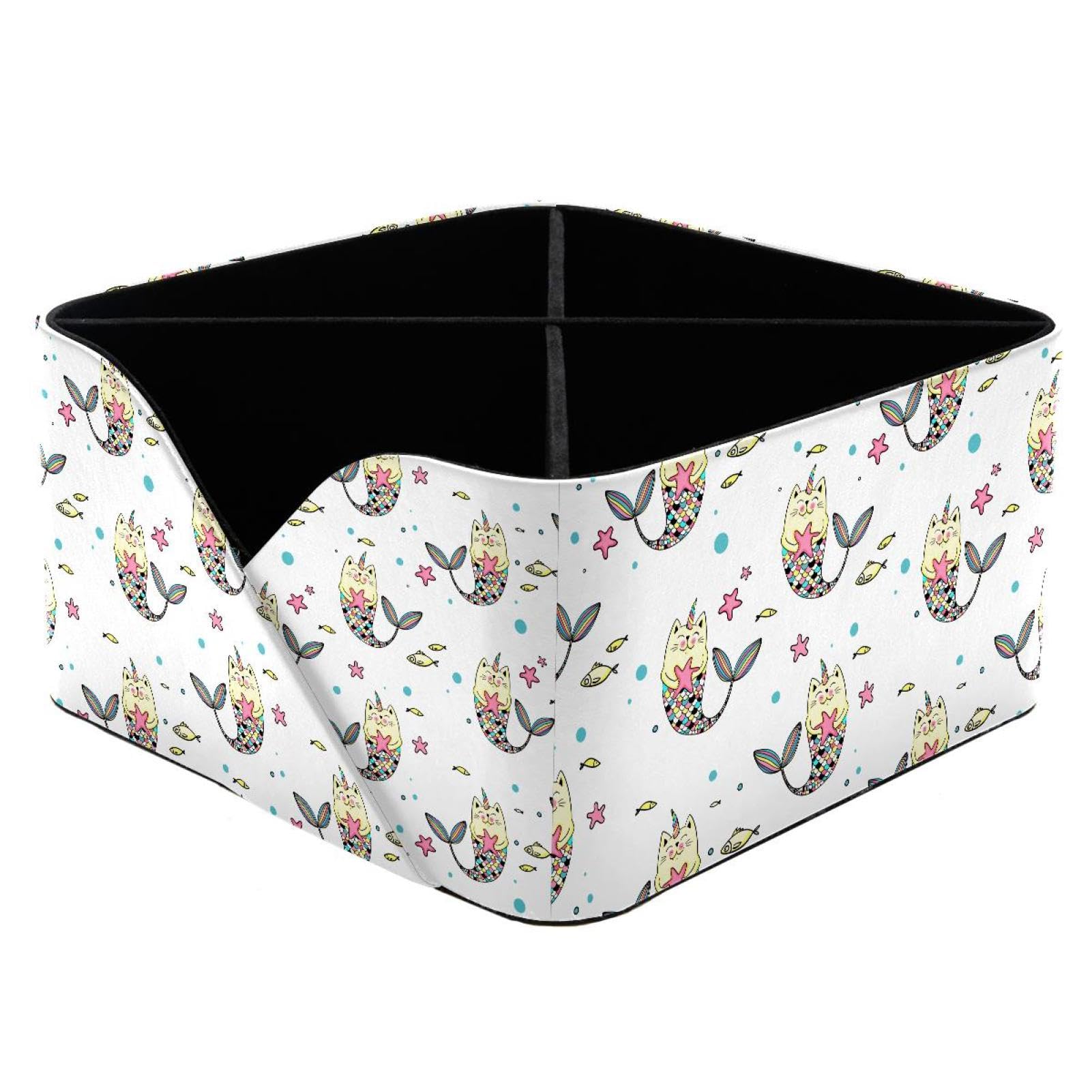KengjuTesu Cat Mermaid Unicorn Fish Star Pattern Desktop Organizer Pen Holder, Rectangular Pencil Cup for Office, Study and Makeup Stations