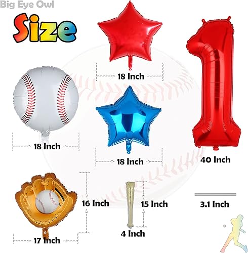Miniatura 2 de Decoraciones de fiesta de primer cumpleaños, juego de globos de papel de aluminio de béisbol número 1, suministros para fiesta de primer cumpleaños,