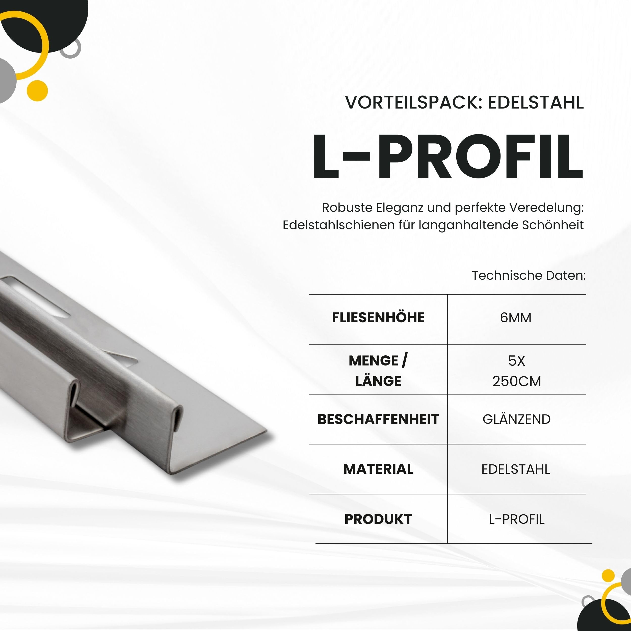 5x L-Profil Edelstahlschiene Fliesenschiene Fliesenprofil L250cm 6mm glänzend