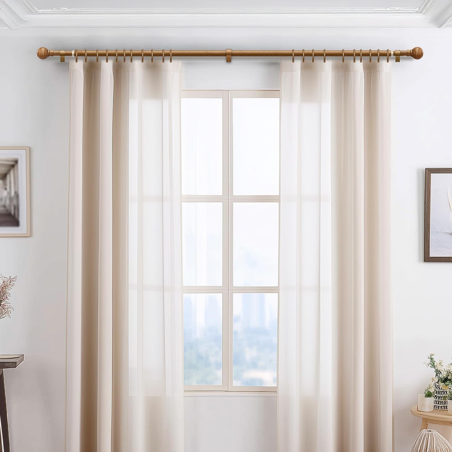 Boho Wood Curtain Rods for Windows 48 to 84 inch 1" Diameter Adjustable Heavy Duty Window Curtain Rod with Decorative Wooden Grain Finials Drapery Rods for Living Room Bedroom Kitchen Farmhouse