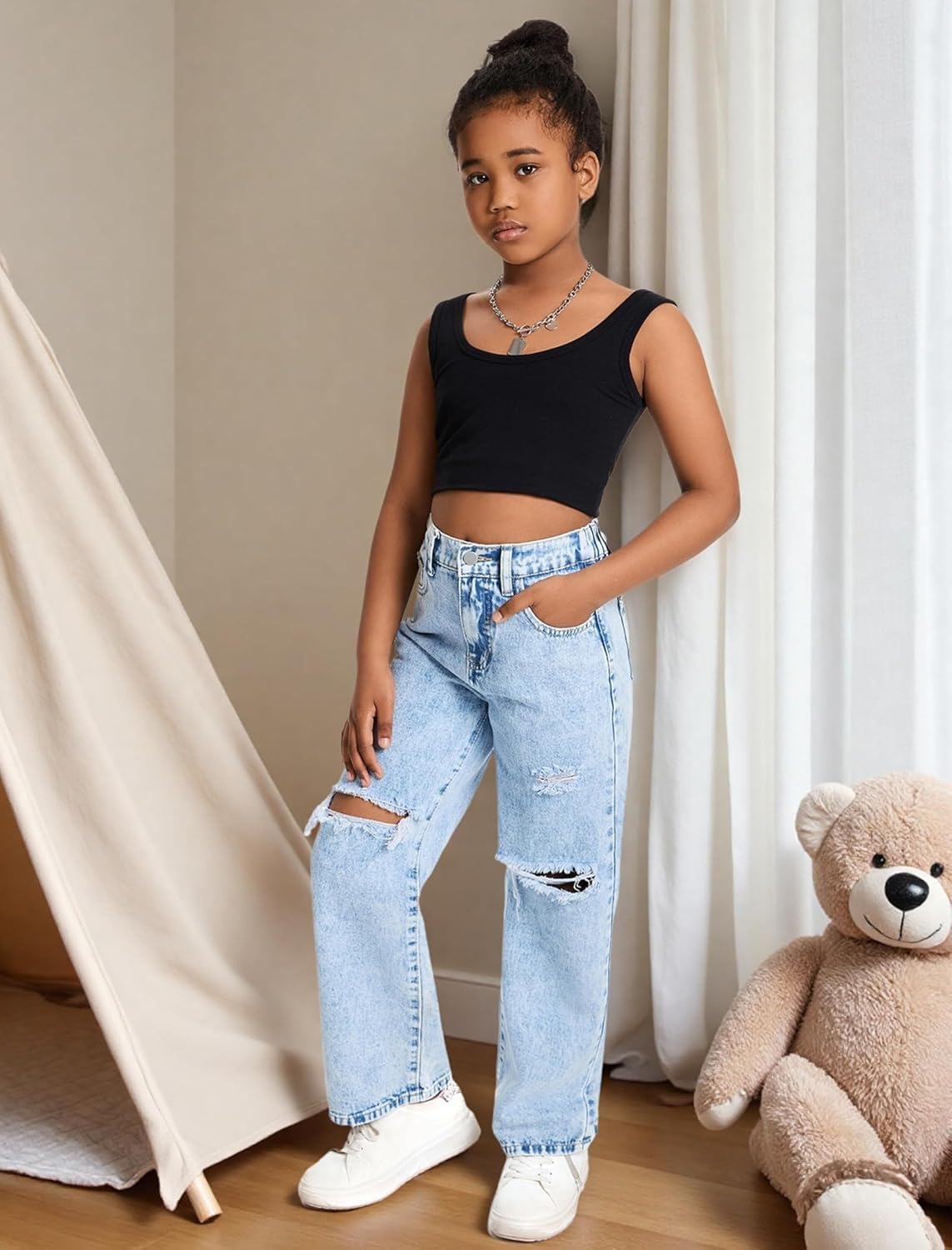 Jeans for Girls Baggy Wide Leg Ripped High Elastic Waisted Denim Pants Y2K Boyfriend Skater Streetwear Cute Trousers 7-14Y - Image 2
