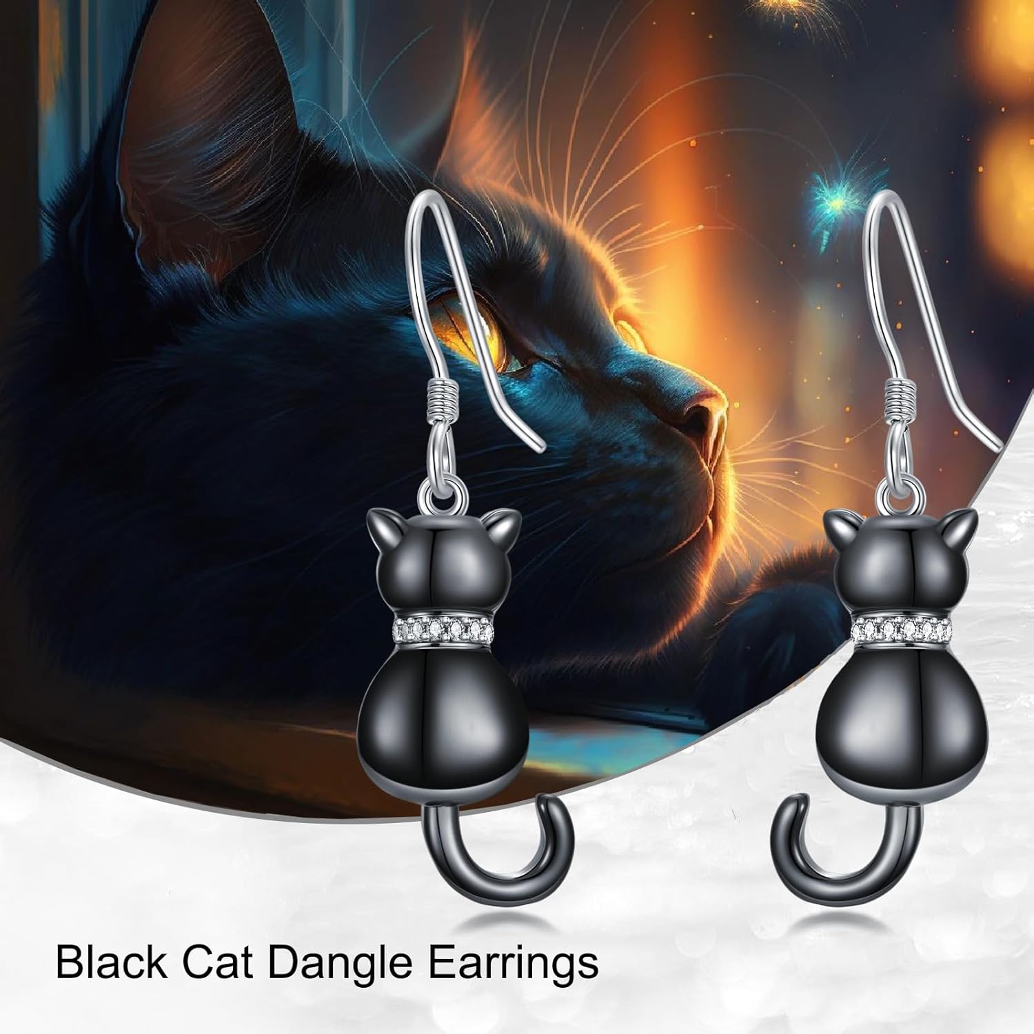 Black Cat Dangle Earrings with Lab Grown Diamond Black Cat Earring Jewelry Gift for Women