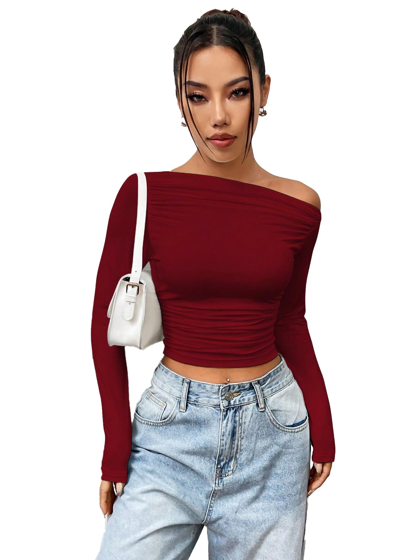 Solid Black Color Asymmetric Collar Pleated Cropped Top - Asymmetrical Neck, Ruched Design, Regular Sleeve, Casual, Long Sleeve | Full Sleeve, Crop Length, Slim Fit