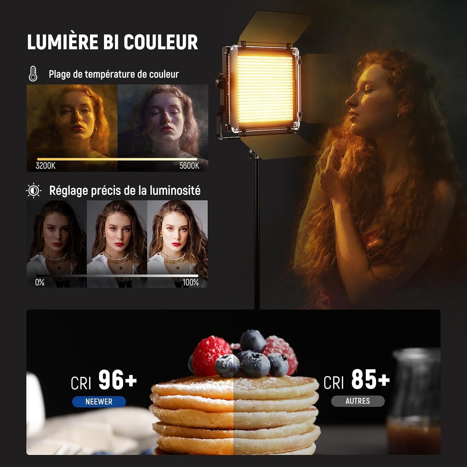 NEEWER Panneau Vidéo LED en Métal Professionnelle,Prise de Vue Vidéo,Cadre en Métal Durable,Intensité Variable 660 Perle,avec Support en U & Volets Coupe-flux,Température Bicolore de 3200-5600K CRI96+