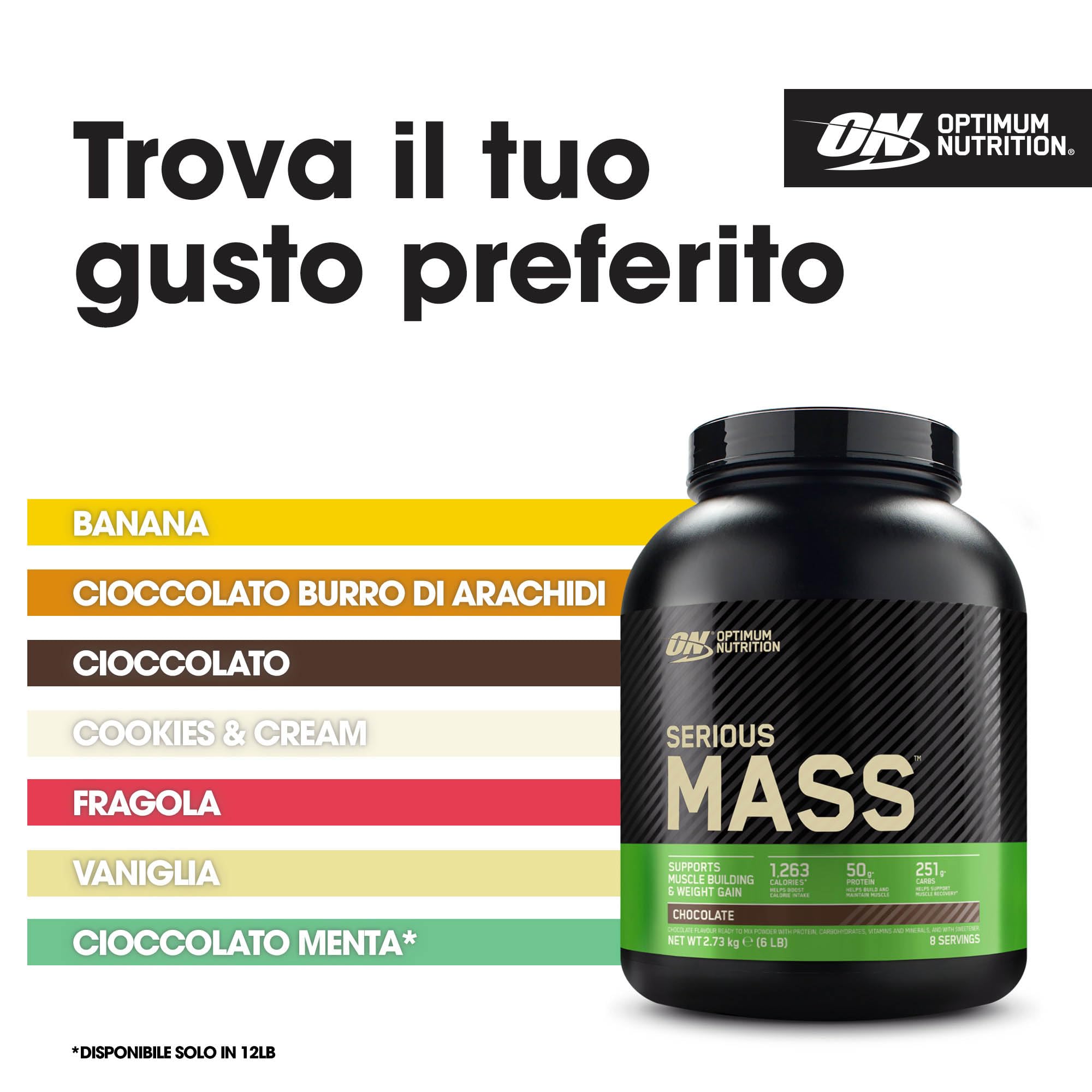 Optimum Nutrition Serious Mass Proteine in Polvere ad Alto Contenuto Calorico per Aumentare il Peso, con 25 Vitamine e Minerali, Creatina Monoidrato e Glutammina, Gusto Cioccolato, 8 Dosi, 2,73 kg
