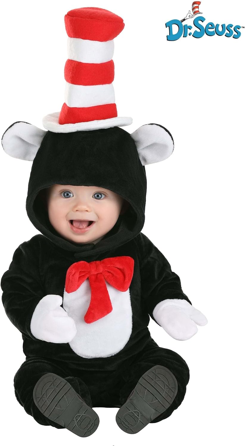 Infant The Cat in The Hat Costume - Velour Jumpsuit with Hood, Attached Hat, and Stuffed Tail