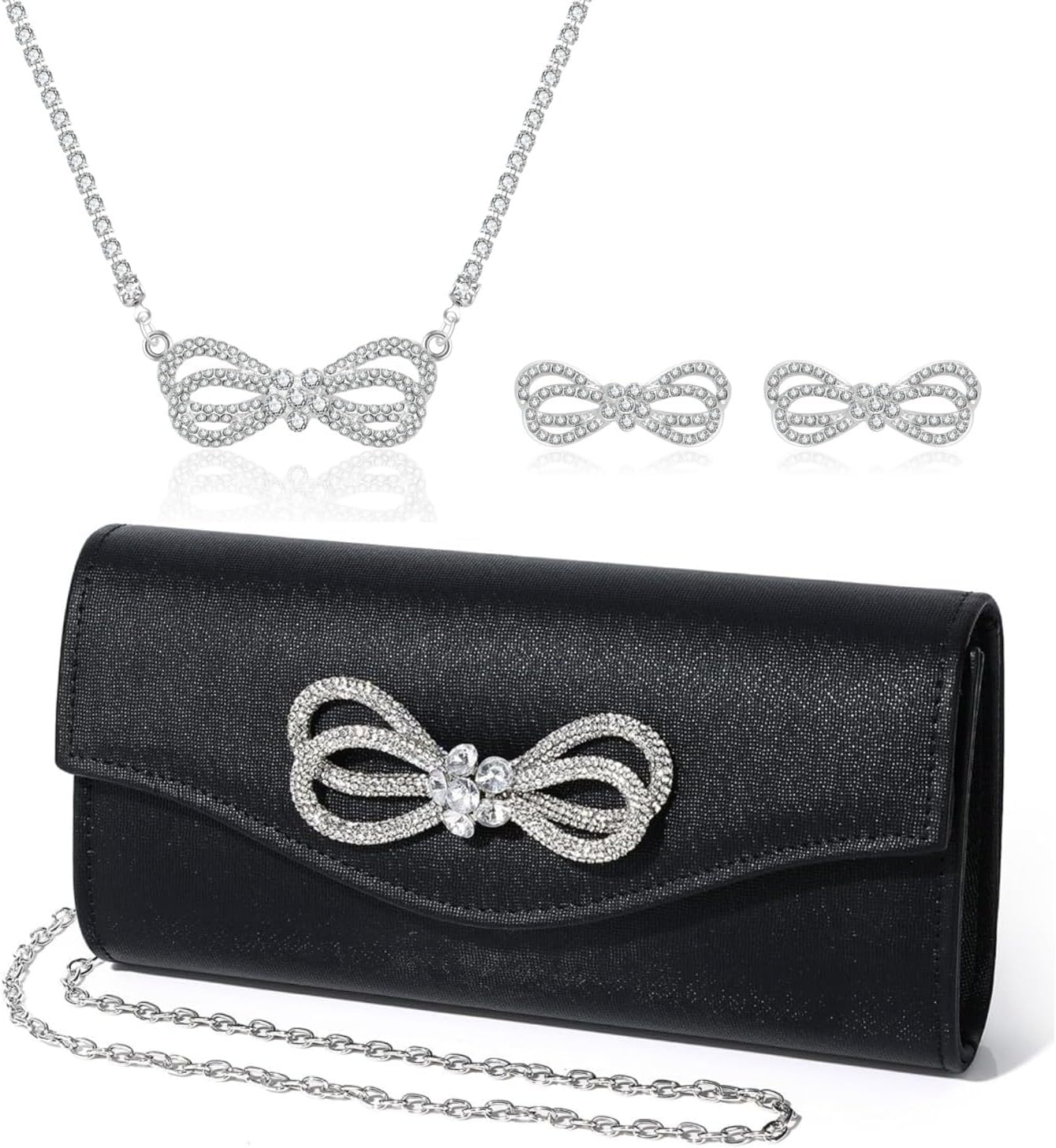 DETARA 3 Pieces Evening Rhinestone Jewelry Set Crystal Bow Clutch Purse for Women Bling Bow Necklace Earrings Set for Wedding Party Prom